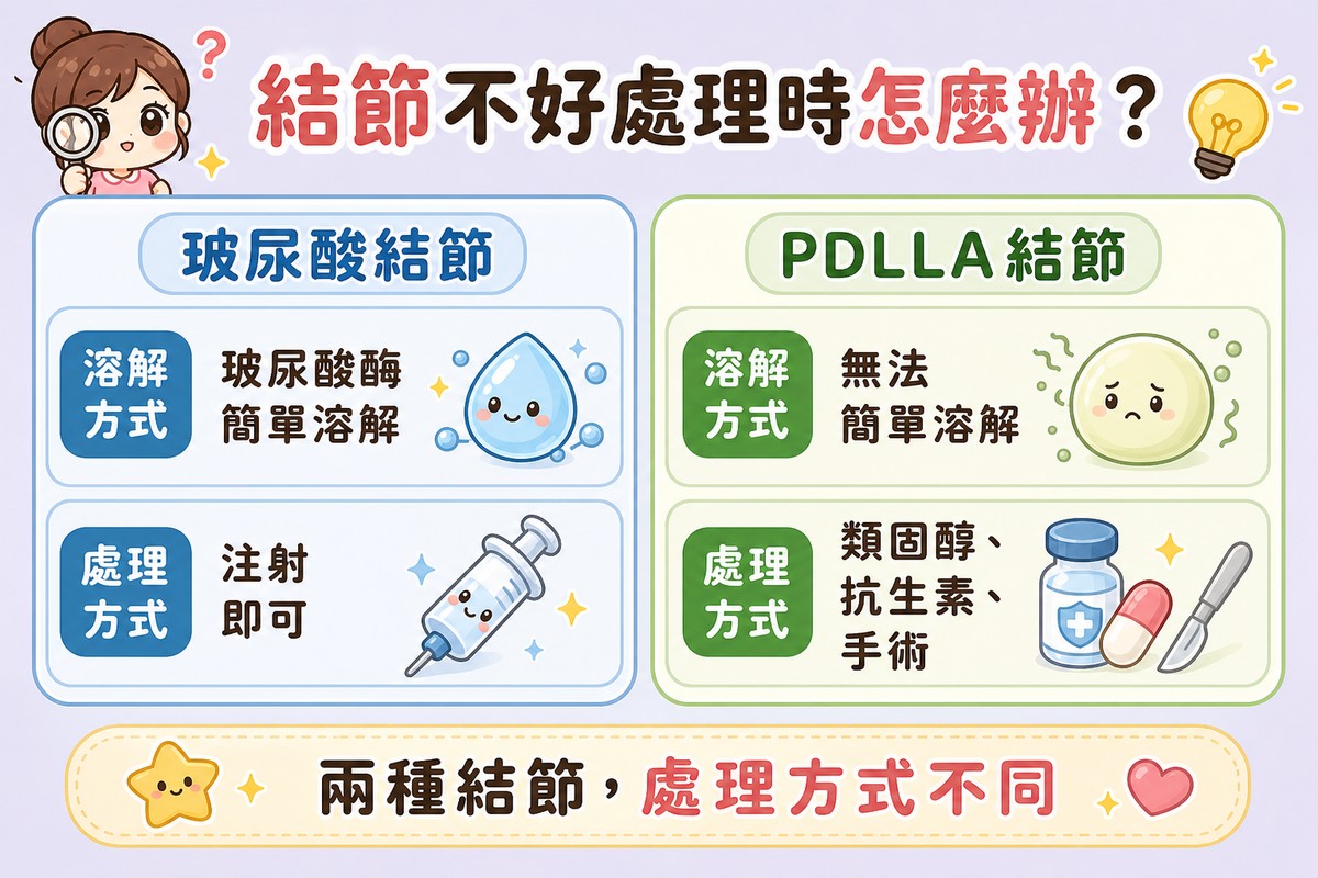 左右兩欄比較表,左欄玻尿酸結節、右欄PDLLA結節,各列出溶解方式與處理方式兩個項目