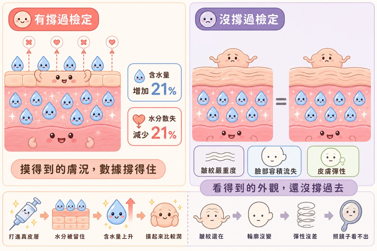 Q版擬人機轉對照圖。左側「有撐過檢定」，皮膚剖面畫成有表情的角色，真皮層裡布滿微笑的水滴角色，表層有角色把水分擋住不讓它散失，旁邊標示含水量增加百分之二十一、水分散失減少百分之二十一。右側「沒撐過檢定」，兩張一模一樣的皮膚剖面中間放等號，表層皺紋線條與臉形都沒有改變，下方列出皺紋嚴重度、臉部容積流失、皮膚彈性。底部流程條左半為打進真皮層、水分被留住、含水量上升、摸起來比較潤；右半為皺紋還在、輪廓沒變、彈性沒差、照鏡子看不出。