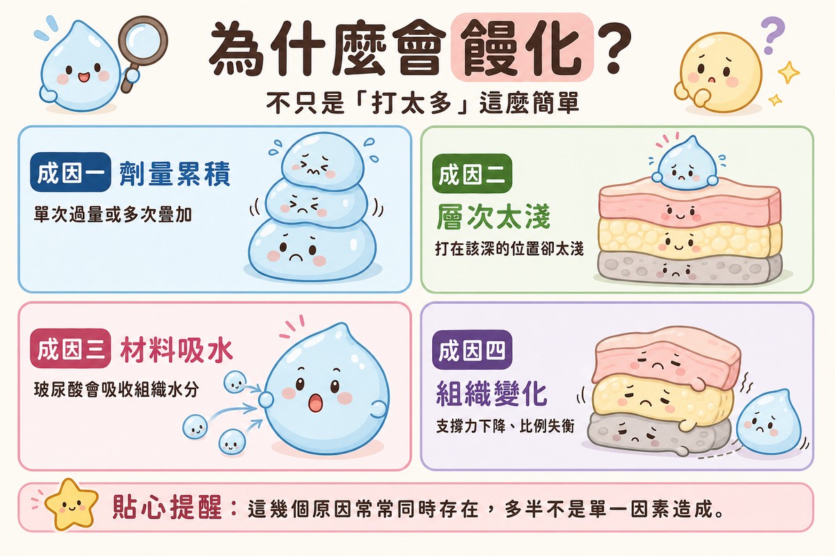 饅化成因圖解：劑量累積、層次太淺、材料吸水、組織變化