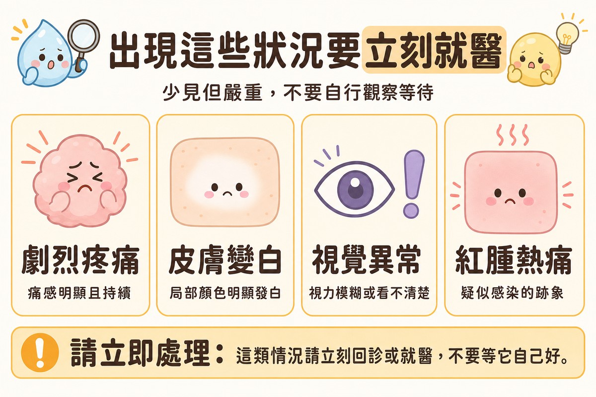 填充療程後應立即就醫的四個警訊：劇烈疼痛、皮膚變白、視覺異常、紅腫熱痛