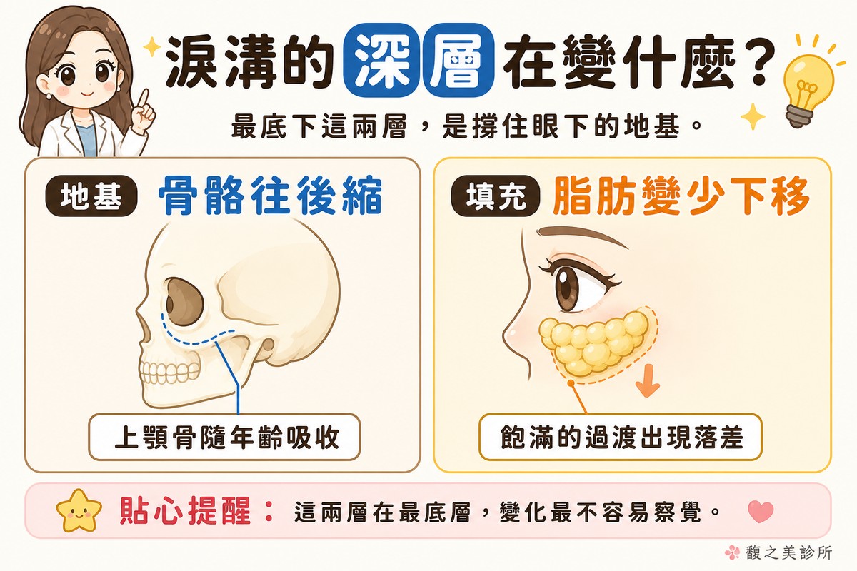 圖解淚溝最深的骨骼與脂肪兩層變化:上顎骨隨年齡吸收後縮,深層脂肪變少並往下位移