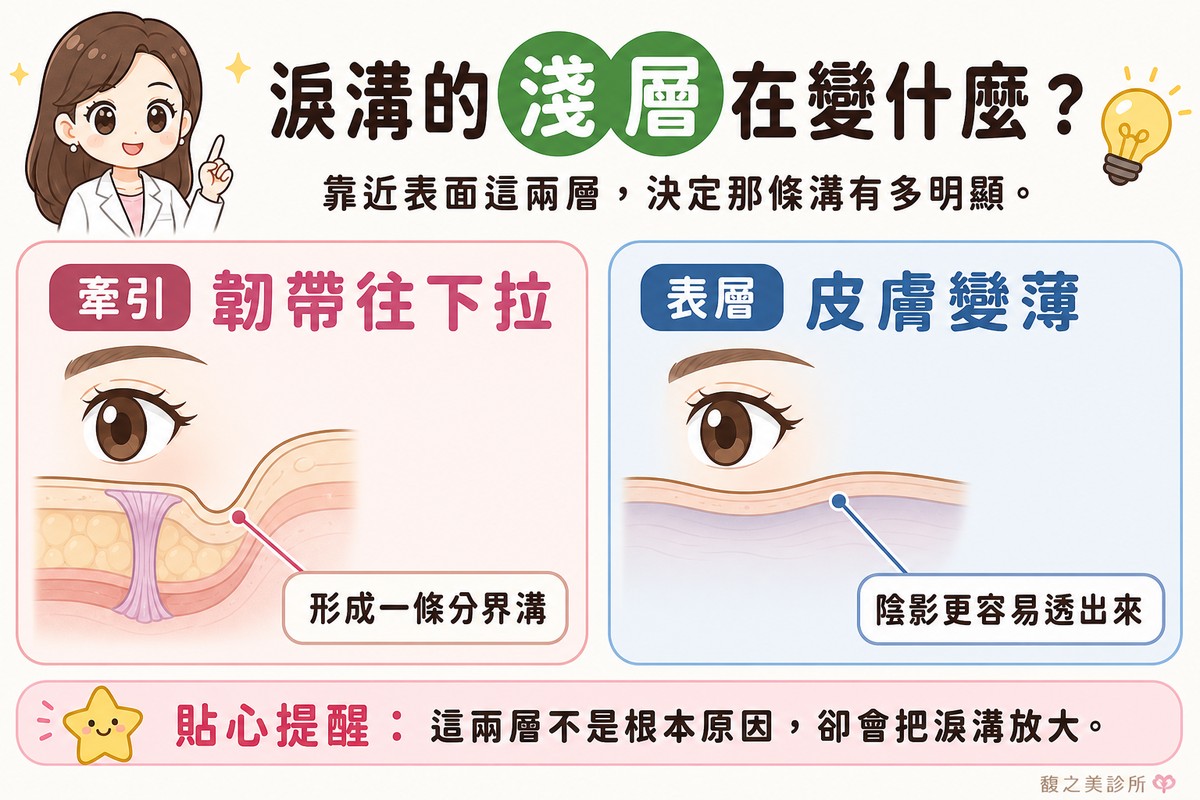 圖解淚溝較淺的韌帶與皮膚兩層變化:韌帶把皮膚往下拉形成分界溝,皮膚變薄讓陰影更容易透出來