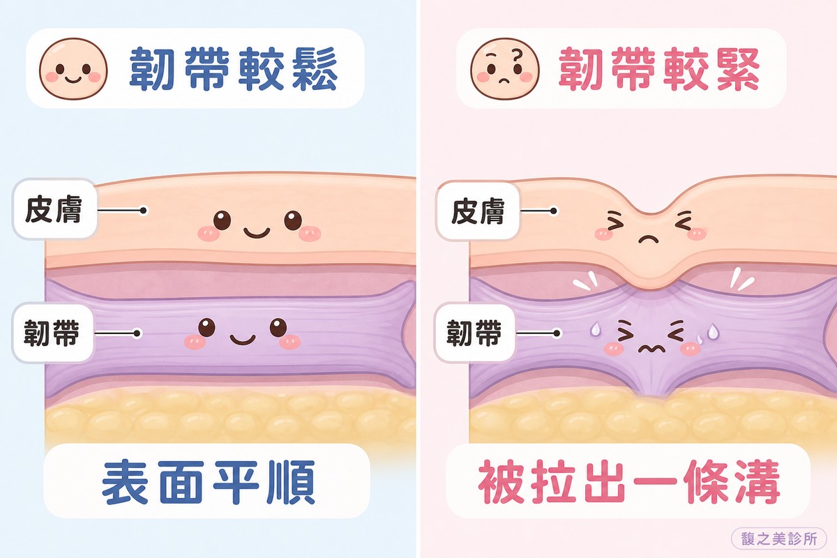 對照韌帶較鬆與韌帶較緊兩種結構,說明淚溝那條溝是被韌帶往深層拉出來的