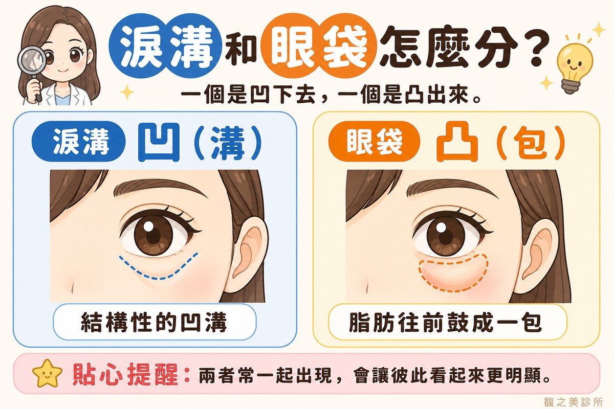 對照淚溝與眼袋的差異:一個是結構性的凹溝,一個是脂肪往前鼓成一包