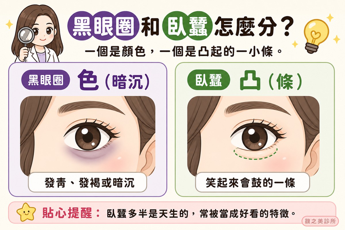 對照黑眼圈與臥蠶的差異:一個是顏色暗沉,一個是笑起來會鼓的一小條隆起