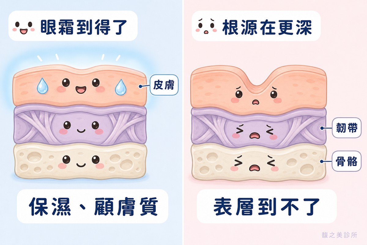 對照眼霜作用的皮膚表層,與淚溝凹陷根源所在的韌帶、骨骼深層結構
