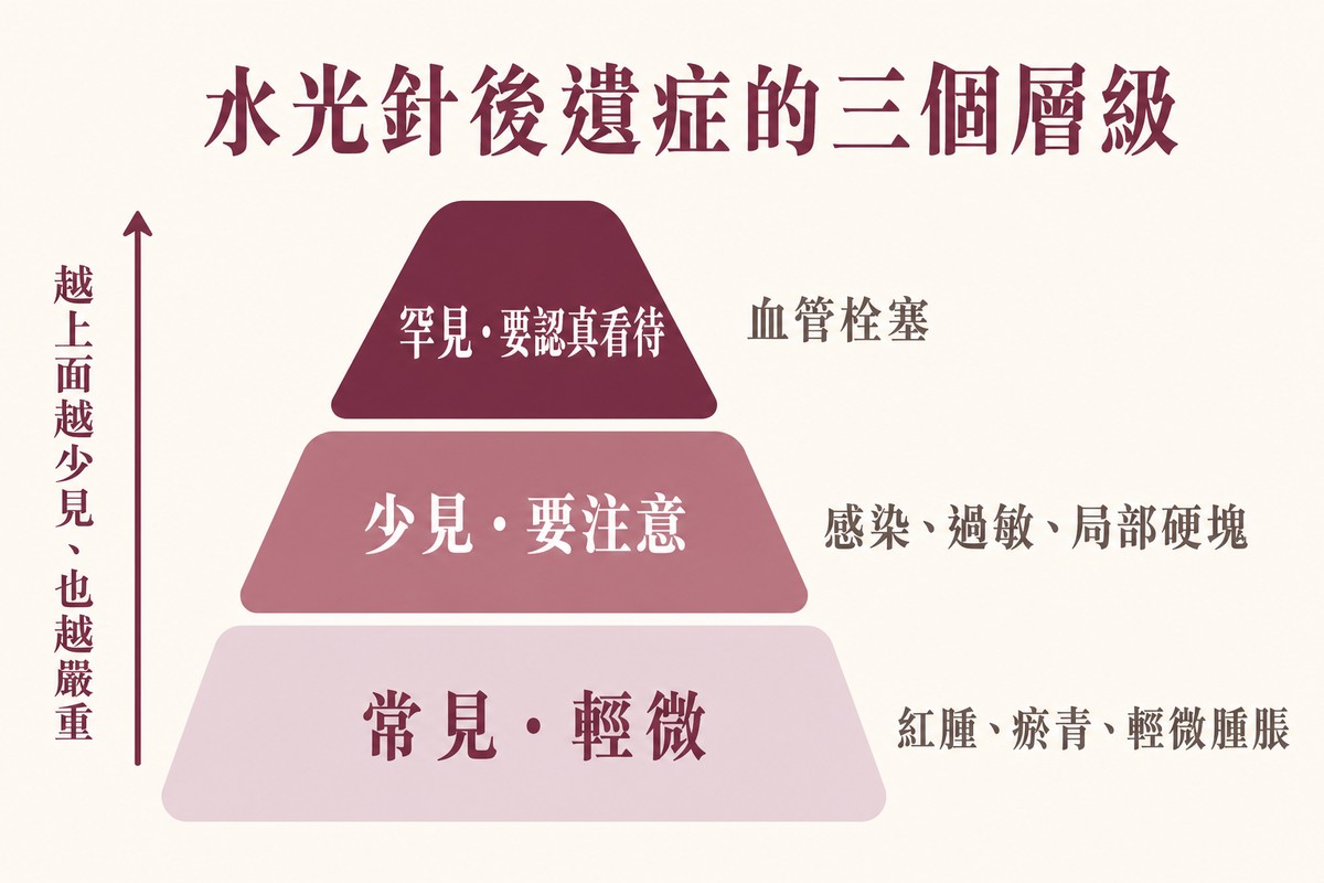 三層金字塔，由下而上分別是常見輕微的紅腫瘀青、少見要注意的感染過敏硬塊、罕見但要認真看待的血管栓塞