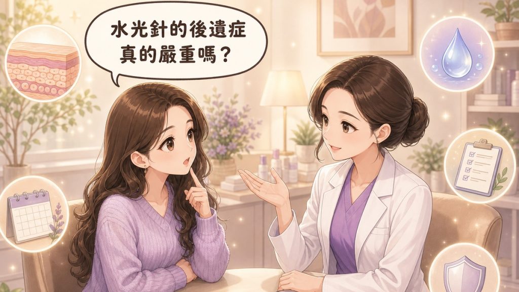 醫師與求診者在診間對談，求診者詢問水光針的後遺症是否嚴重，周圍有皮膚分層、保濕、療程紀錄等示意圖
