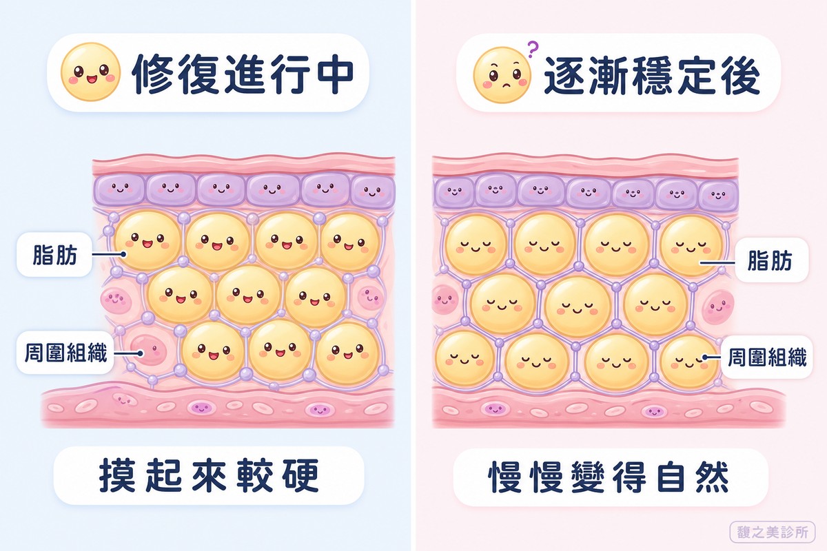 左右對照的機轉插圖。左邊標「修復進行中」,畫眼下組織剖面,被擬人化的脂肪小角色彼此靠得比較緊、周圍組織正在長出細小的連結,下方結論寫「摸起來較硬」;右邊標「逐漸穩定後」,畫同樣的剖面,脂肪小角色與周圍組織連結完成、分布變得均勻,表情放鬆,下方結論寫「慢慢變得自然」。