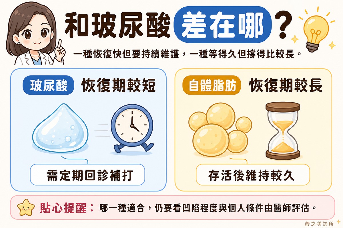 自體脂肪補淚溝與玻尿酸在恢復期上的差異