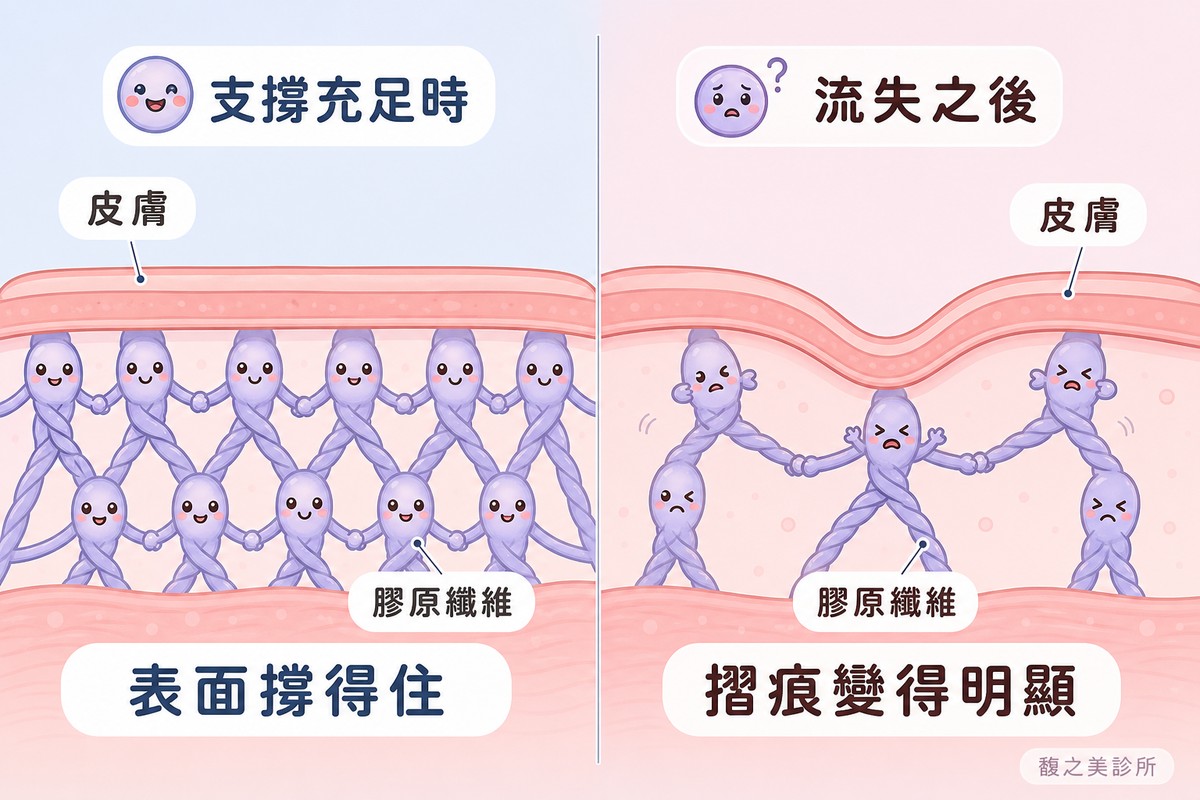 左右對照的機轉插圖。左邊標「支撐充足時」，畫真皮層剖面，被擬人化的膠原纖維小角色密實地手牽手撐住上方皮膚，表面平順，下方結論寫「表面撐得住」；右邊標「流失之後」，畫同樣的剖面，纖維小角色數量變少、間距變大、表情吃力，上方皮膚順著凹下一道摺痕，下方結論寫「摺痕變得明顯」。