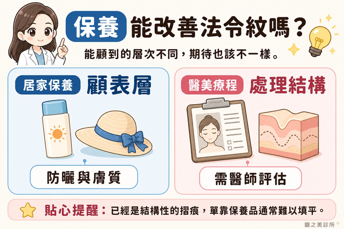衛教資訊圖，頂端標題寫「保養能改善法令紋嗎？」。左卡標「居家保養·顧表層」，畫一瓶保養品與一頂遮陽帽放在一起，標註「防曬與膚質」；右卡標「醫美療程·處理結構」，畫問診記錄板搭配一個評估圖案，標註「需醫師評估」。