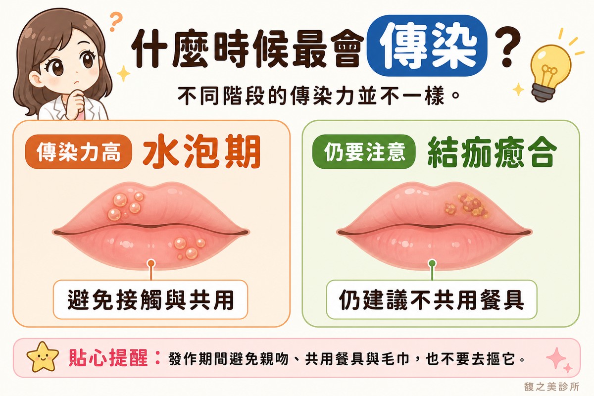 衛教資訊圖，頂端標題寫「什麼時候最會傳染？」。左卡標「傳染力高·水泡期」，畫嘴唇特寫，上面有幾個小水泡，標註「避免接觸與共用」；右卡標「仍要注意·結痂癒合」，畫嘴唇特寫，表面已結薄痂並逐漸平復，標註「仍建議不共用餐具」。