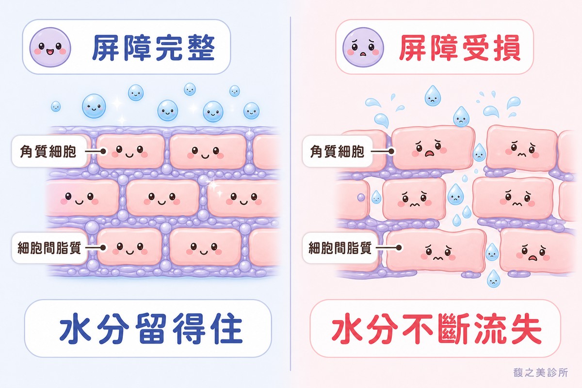 左右對照的機轉插圖。左邊標「屏障完整」,畫磚牆狀屏障剖面,磚塊之間的脂質水泥飽滿,磚塊小角色表情安穩,水分被好好留在裡面,下方結論寫「水分留得住」;右邊標「屏障受損」,畫同樣的磚牆剖面,磚塊之間出現明顯縫隙,小角色表情不安,幾滴水珠正從縫隙溜出去,下方結論寫「水分不斷流失」。