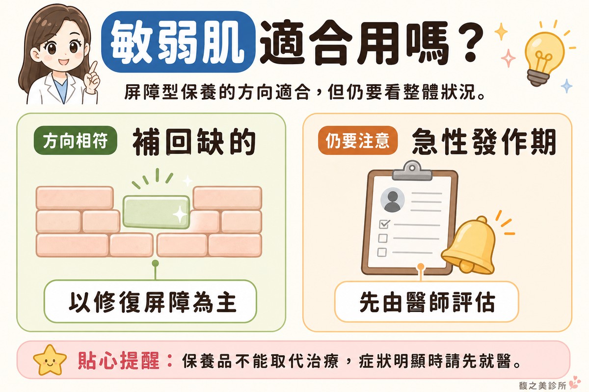 衛教資訊圖,頂端標題寫「敏弱肌適合用嗎?」。左卡標「方向相符·補回缺的」,畫磚牆,缺口處正被一塊新磚填補上,標註「以修復屏障為主」;右卡標「仍要注意·急性發作期」,畫問診記錄板搭配一個提醒鈴鐺,標註「先由醫師評估」。