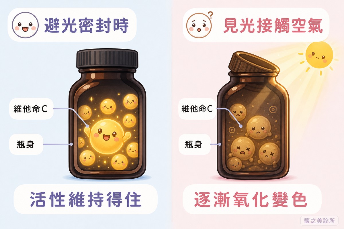 左右對照的機轉插圖。左邊標「避光密封時」，畫深色瓶身剖面，裡面的維他命C小角色精神飽滿地發著柔光，下方結論寫「活性維持得住」；右邊標「見光接觸空氣」，畫同樣的瓶身剖面但瓶蓋打開、陽光照進來，小角色表情變得無力、顏色轉為偏黃褐色，下方結論寫「逐漸氧化變色」。
