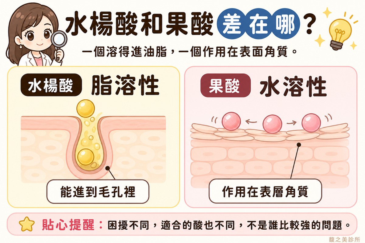 水楊酸（BHA）與果酸（AHA）的差別——脂溶性與水溶性