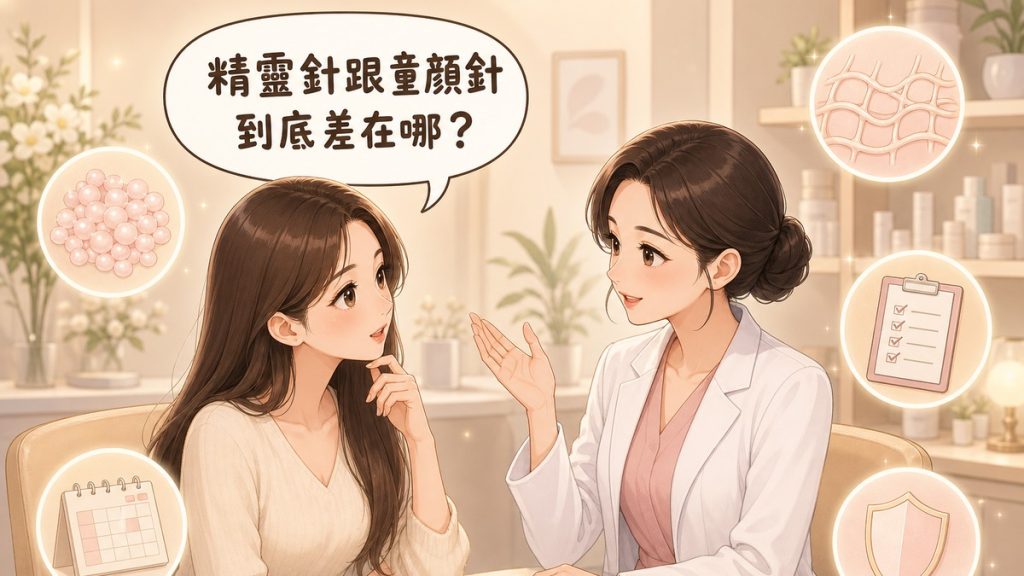醫師與求診者在診間對談，求診者詢問精靈針跟童顏針到底差在哪，周圍有微球顆粒、膠原網絡、療程紀錄等示意圖
