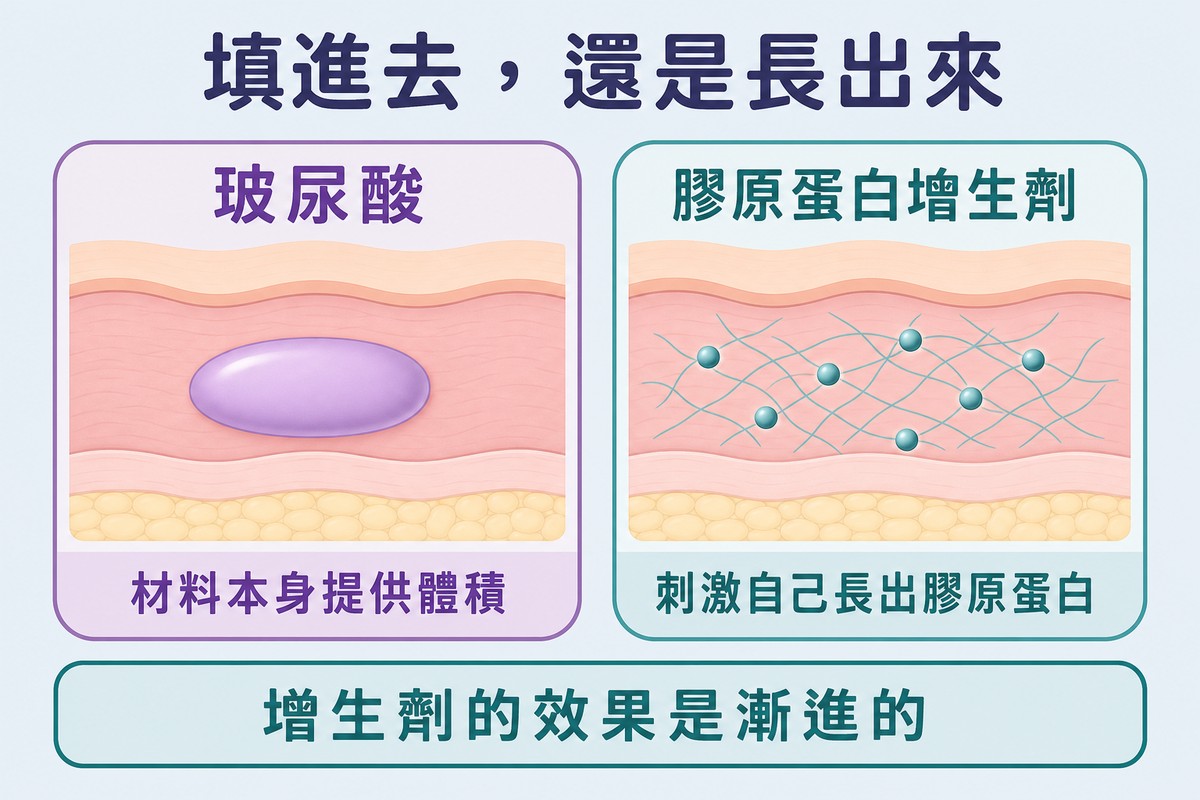 左側玻尿酸由材料本身提供體積，右側膠原蛋白增生劑刺激自身長出膠原蛋白