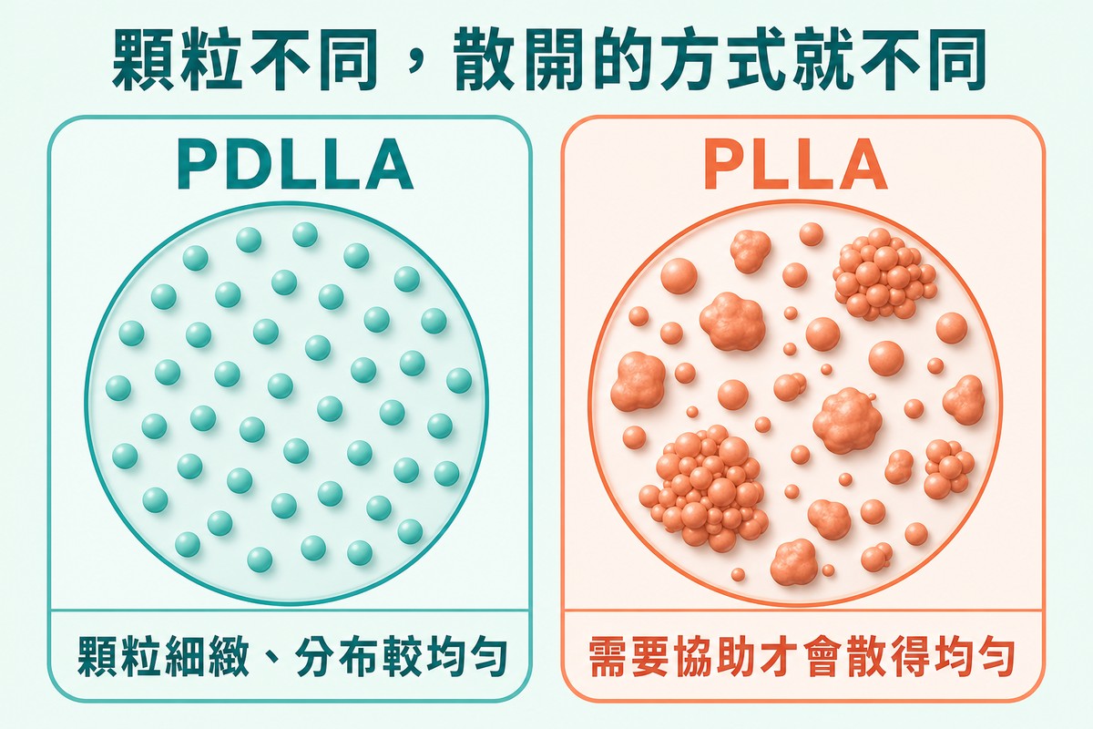 左側PDLLA顆粒大小一致分布均勻，右側PLLA顆粒大小不一並有局部聚集