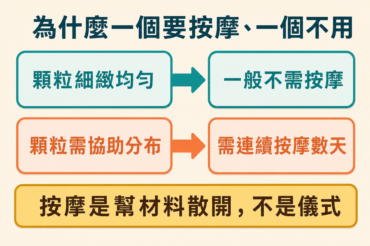 上排顆粒細緻均勻對應一般不需按摩，下排顆粒需協助分布對應需連續按摩數天
