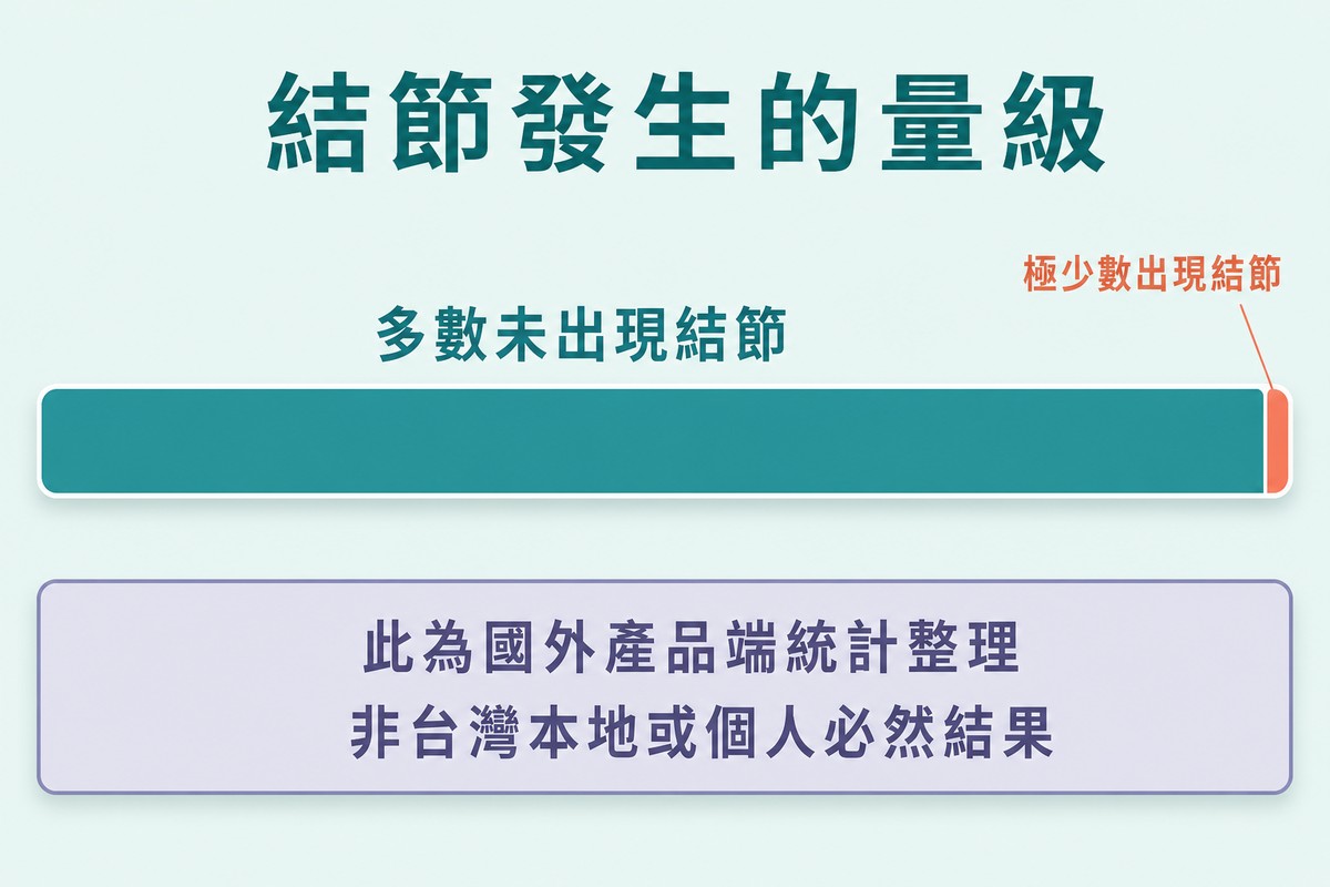 長條圖顯示絕大部分未出現結節，僅極小比例出現，下方註明為國外產品端統計整理