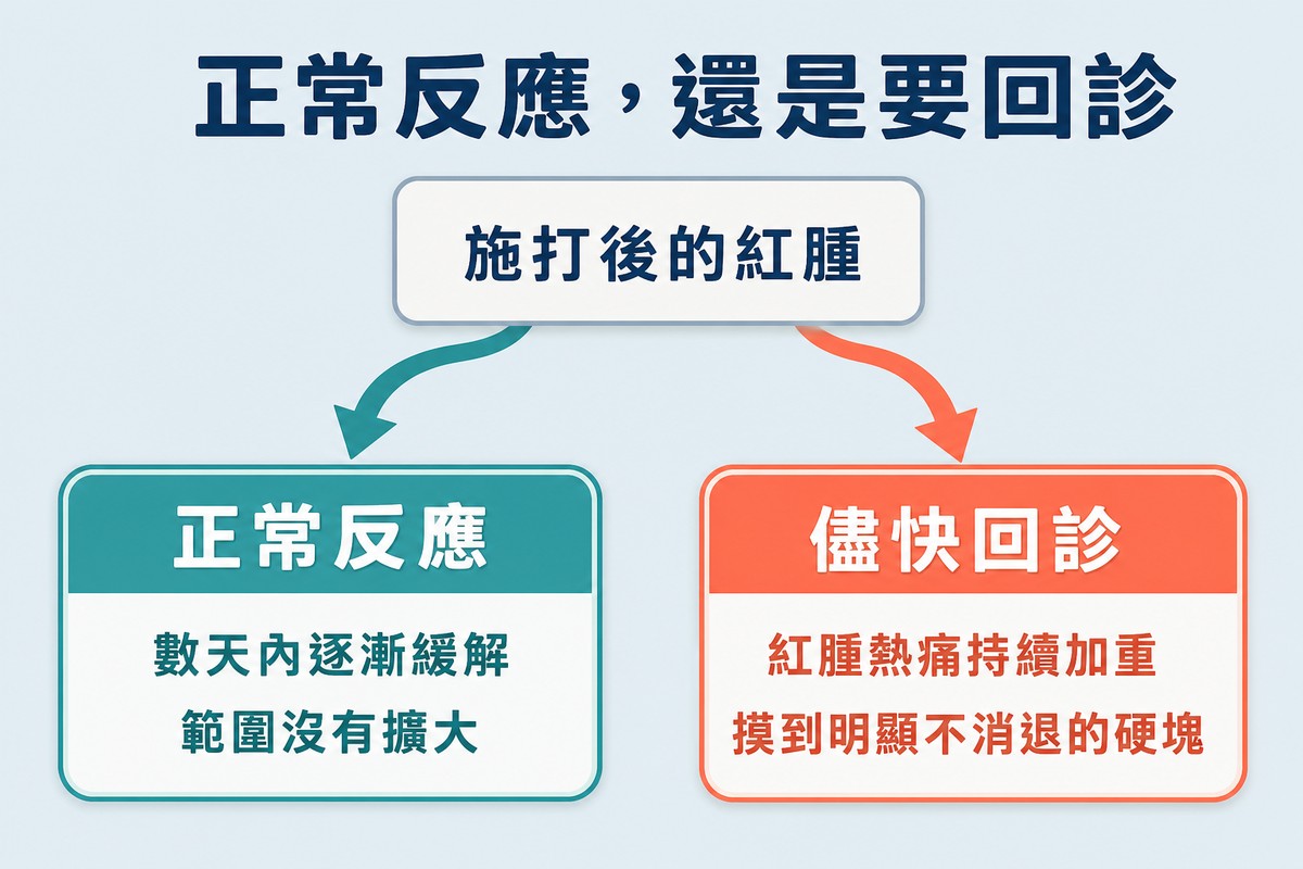 分岔圖比較正常反應為數天內逐漸緩解、範圍未擴大，需回診則是紅腫熱痛持續加重或摸到不消退硬塊