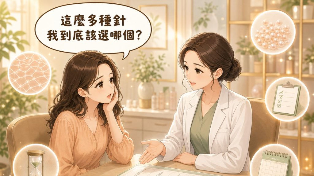 醫師與求診者在診間對談，求診者詢問這麼多種針該選哪一個，周圍有膠原網絡、微球顆粒、療程紀錄等示意圖