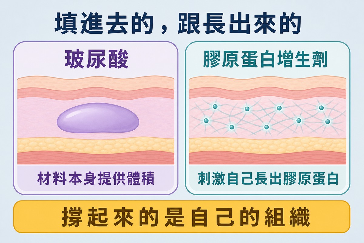 左側玻尿酸由材料本身提供體積，右側增生劑刺激自身長出膠原蛋白並形成網絡