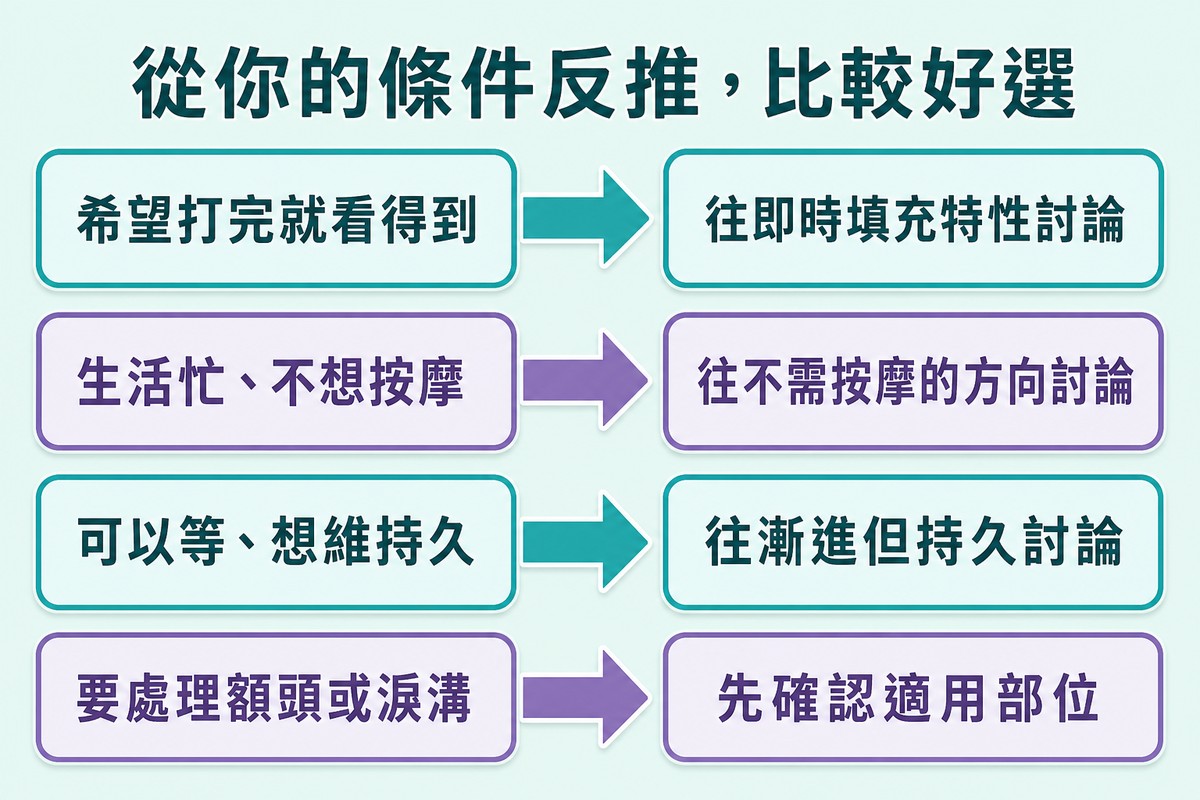 四組對照分別為希望立即看到、不想按摩、可以等待、要處理額頭淚溝，各自對應的討論方向
