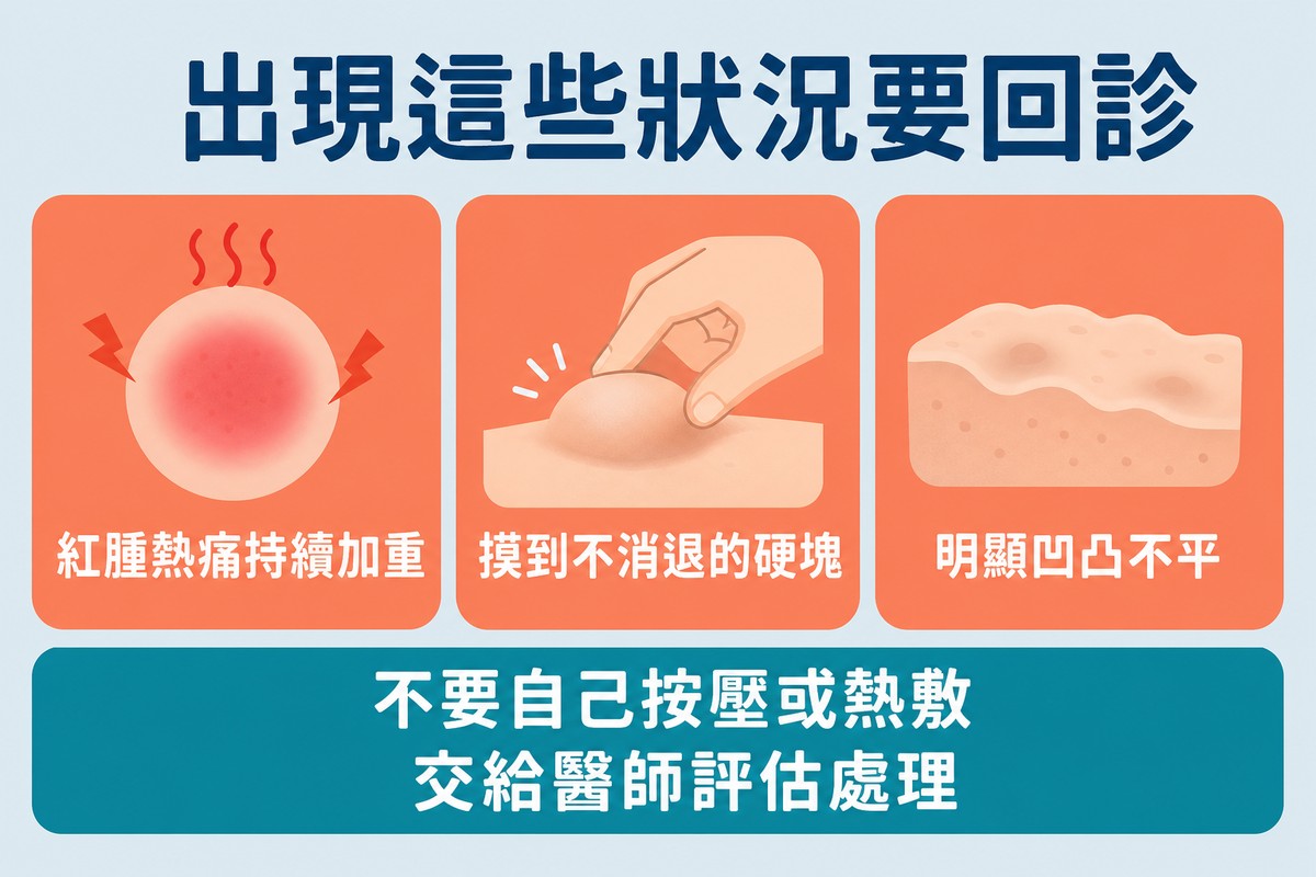 三張警示卡分別為紅腫熱痛持續加重、摸到不消退的硬塊、明顯凹凸不平，下方提醒不要自己按壓或熱敷