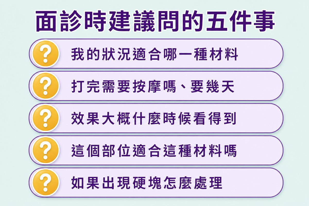 五項清單依序為適合哪種材料、需不需要按摩幾天、效果何時看得到、部位是否適合、出現硬塊怎麼處理