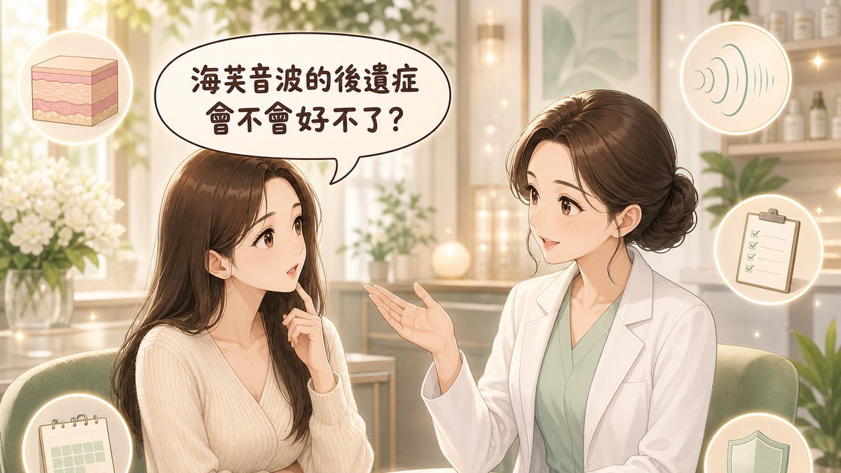 醫師與求診者在診間對談,求診者詢問海芙音波的後遺症會不會好不了,周圍有皮膚分層、音波、療程紀錄等示意圖