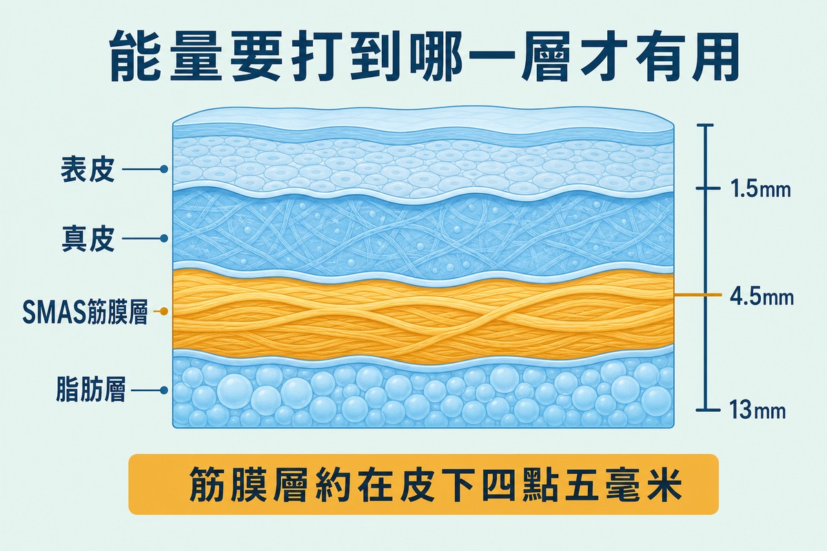皮膚剖面圖標示表皮、真皮、SMAS筋膜層與脂肪層，右側深度尺標示筋膜層約在皮下四點五毫米