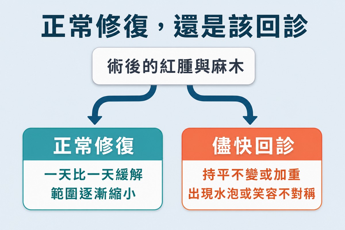 分岔圖比較正常修復是一天比一天緩解、範圍縮小，需要回診則是持平不變或加重、出現水泡或笑容不對稱