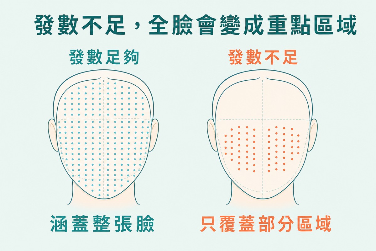 兩張臉部輪廓對照,左側發數足夠時光點均勻覆蓋整臉,右側發數不足時只覆蓋中央頰部
