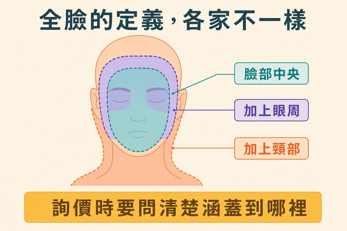 頭頸輪廓上以三種顏色標示臉部中央、加上眼周、加上頸部三種涵蓋範圍