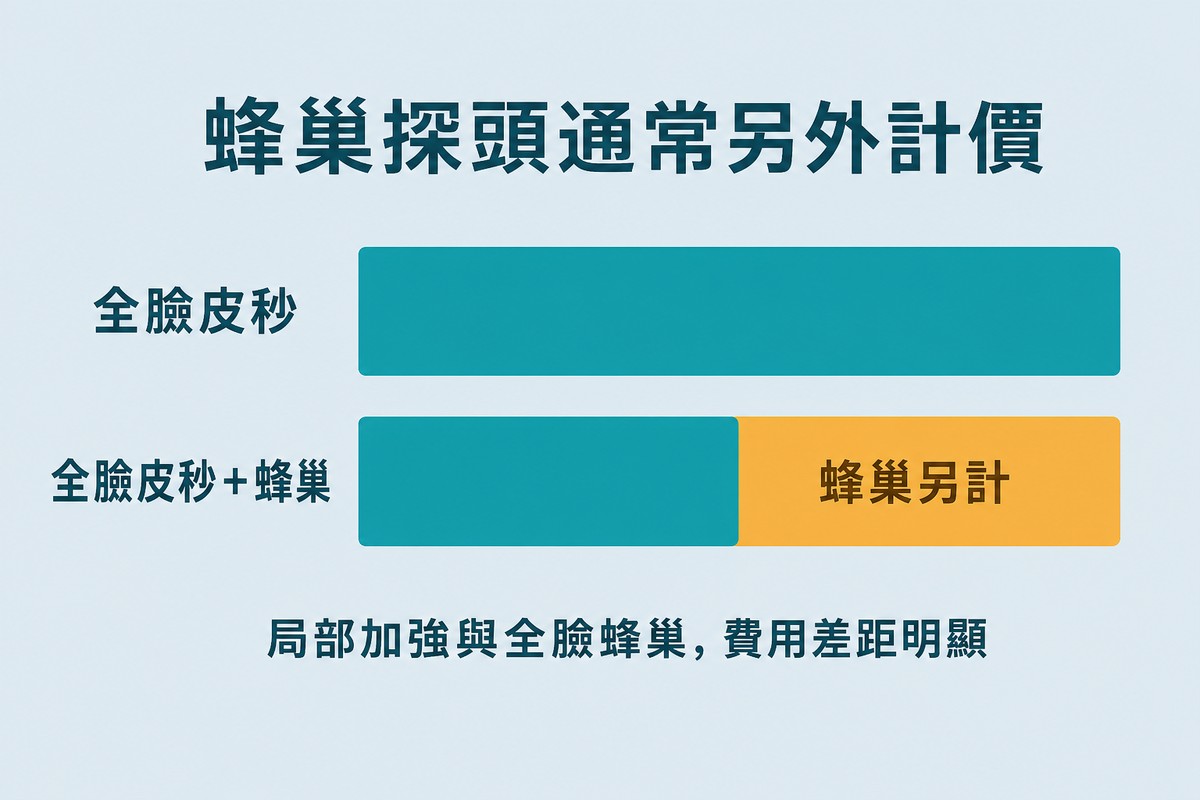 橫向長條圖比較全臉皮秒與全臉皮秒加蜂巢,後者多出一段標示為蜂巢另計的區段