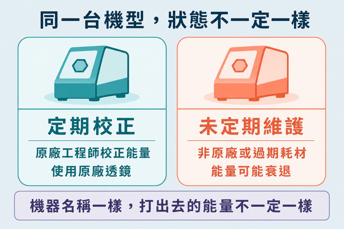 左側說明原廠工程師定期校正能量並使用原廠透鏡,右側說明非原廠或過期耗材可能導致能量衰退