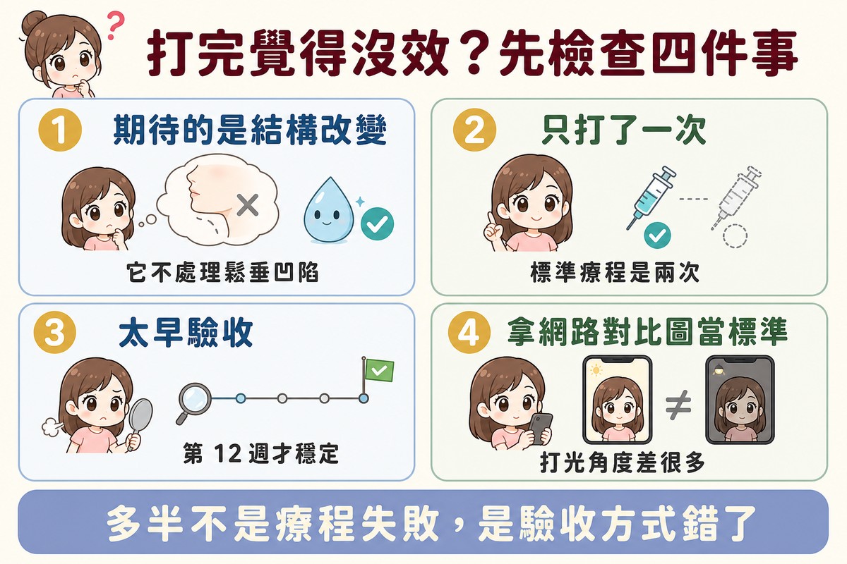 Q版四格衛教圖。一、期待的是結構改變：女生的想像框裡是拉提後的臉並打叉，旁邊的水滴打勾，說明它不處理鬆垂凹陷。二、只打了一次：女生比出一根手指，旁邊第一支針筒打勾、第二支是虛線，說明標準療程是兩次。三、太早驗收：女生拿鏡子，旁邊時間軸上放大鏡在前段、旗子插在最右端，說明第十二週才穩定。四、拿網路對比圖當標準：兩支手機畫面同一張臉但打光明暗不同，中間是不等於符號。