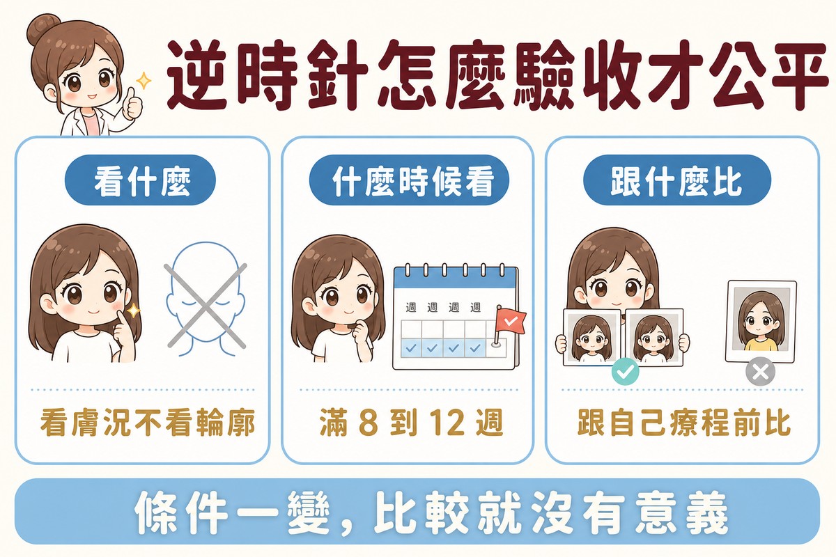 Q版三欄衛教圖。第一欄「看什麼」：女生指著自己泛著光澤的臉頰，旁邊臉部輪廓圖被打叉，結論是看膚況不看輪廓。第二欄「什麼時候看」：女生旁邊有一本週曆，前面幾週打勾、最右邊插著旗子，結論是滿八到十二週。第三欄「跟什麼比」：女生拿著兩張條件相同的自己的照片並打勾，旁邊陌生人的照片打叉，結論是跟自己療程前比。