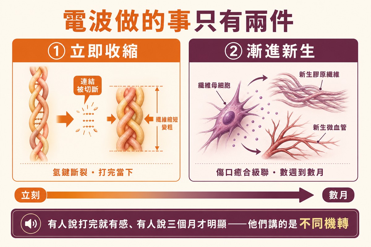 左側顯示膠原氫鍵斷裂造成立即收縮，右側顯示纖維母細胞生成新膠原，中間時間軸從立刻延伸到數月