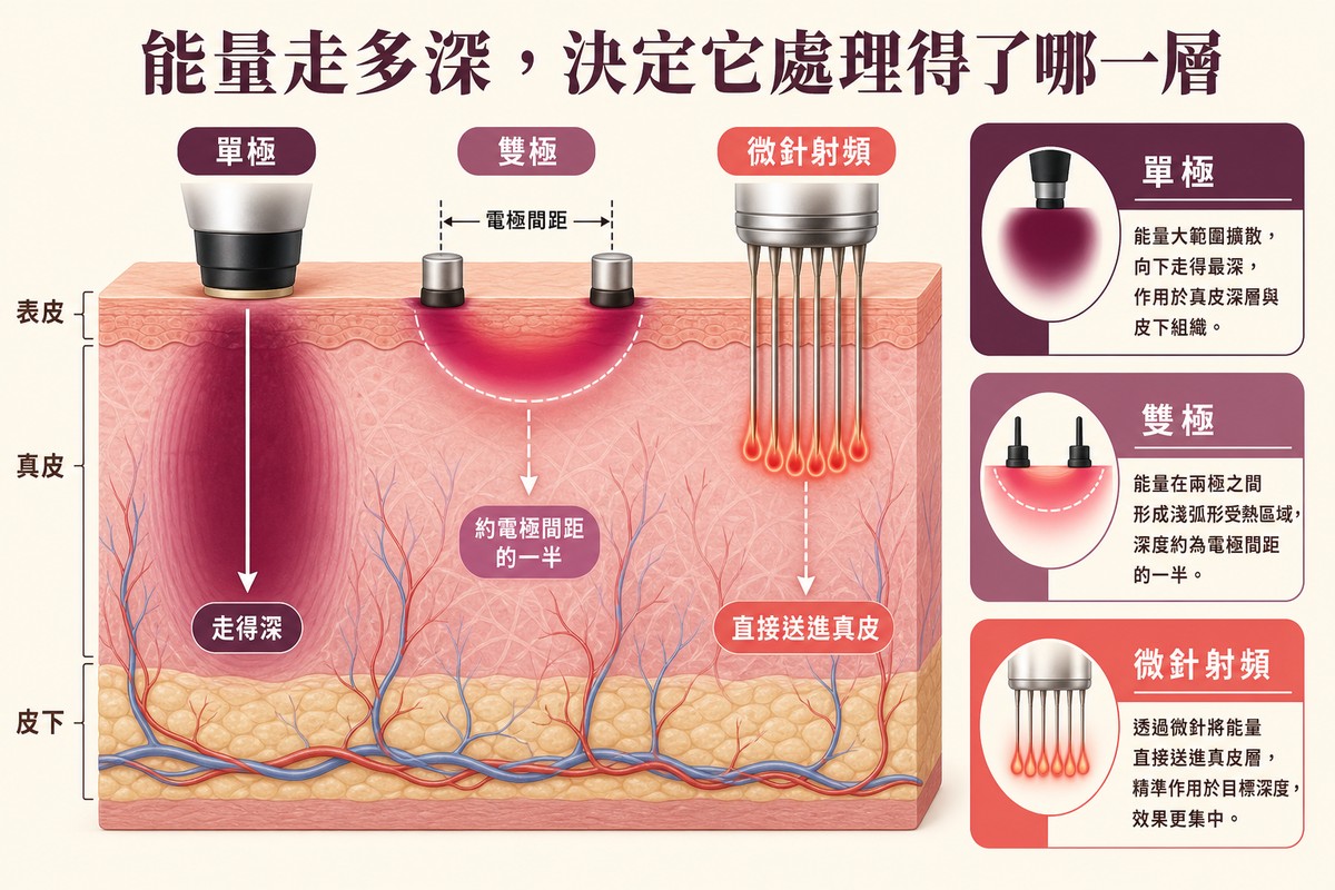 皮膚剖面圖疊加三種能量分布，單極呈深層暈染、雙極呈電極間淺弧、微針以細針將熱點送入真皮