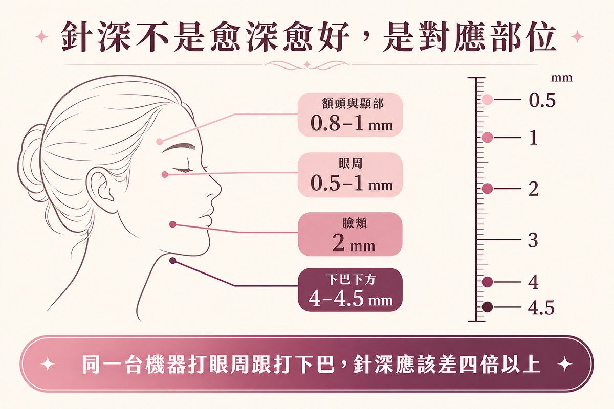 側臉輪廓以四條引線標示眼周、額頭顳部、臉頰與下巴下方各自對應的微針深度毫米數，右側附比例尺