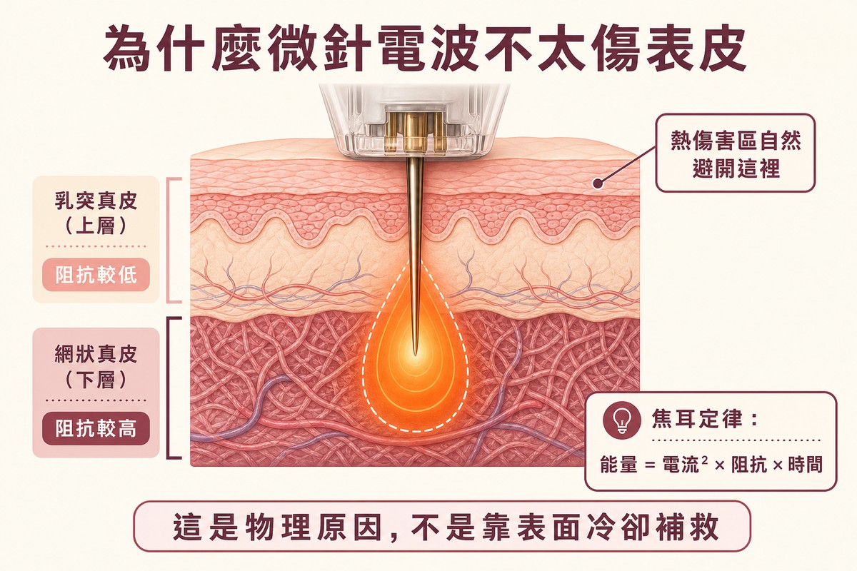 皮膚剖面顯示微針插入真皮、針尖形成水滴狀熱區，並標示乳突真皮阻抗較低使熱傷害區避開表皮
