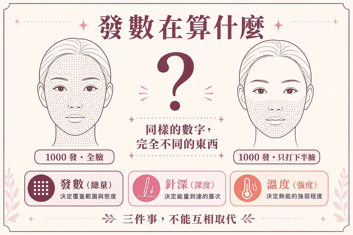 兩張臉部線稿對照，左側全臉均勻分布治療點、右側僅下半臉有治療點，說明同樣發數涵蓋範圍不同
