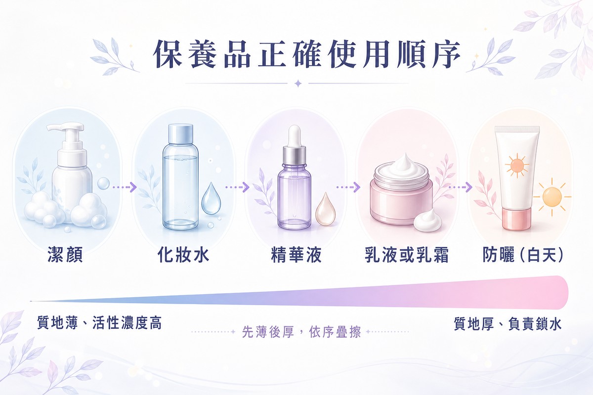 保養品正確使用順序示意圖:潔顏、化妝水、精華液、乳液或乳霜、防曬,質地由薄到厚依序疊擦