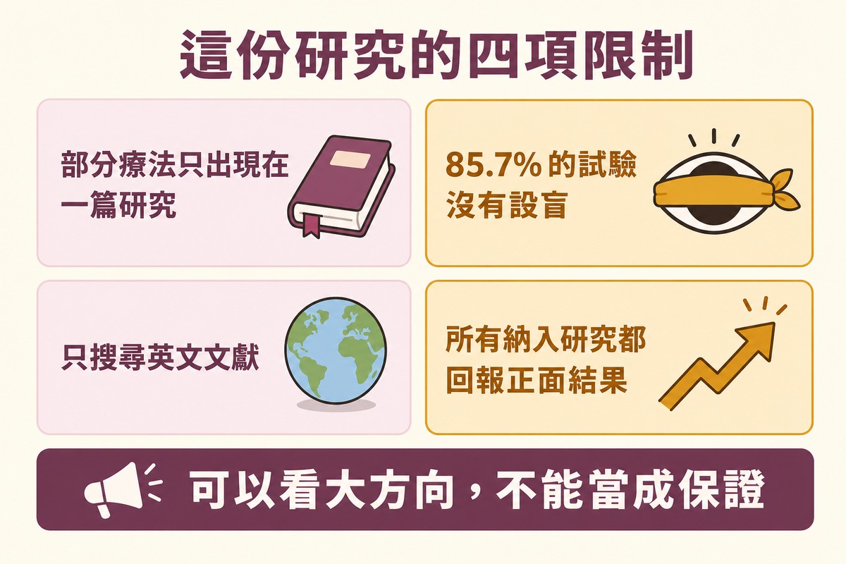 四格卡片列出研究限制，包含部分療法僅單一研究、多數試驗未設盲、僅搜尋英文文獻、全數回報正面結果