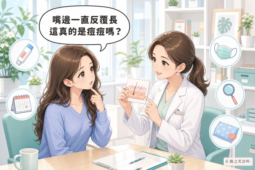 唇周痘痘反覆長：醫師拿圖卡向患者說明嘴邊疙瘩的類型