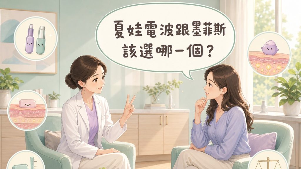 診間裡醫師與女性患者面對面討論，患者的對話氣泡寫著「夏娃電波跟墨菲斯該選哪一個？」，周圍散布兩種微針、皮膚分層、深度尺規與天秤等示意小圖